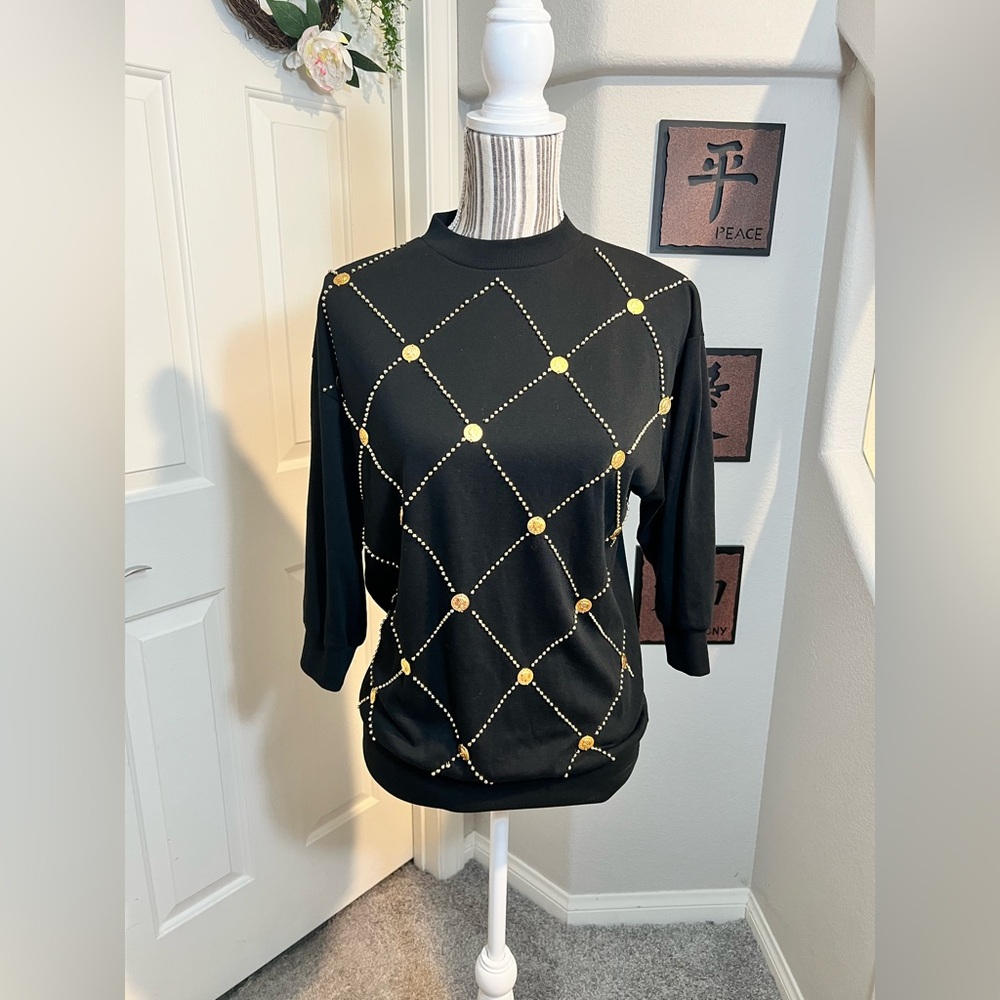 E.M.T. Black cotton vintage faux penny studded tunic oversized blouse top size S